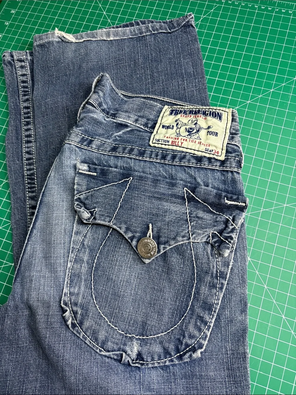 True Religion Medium Indigo Bootcut Jeans with White Stitching
